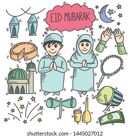 Cute eid mubarak doodle, cartoon, sketch, illustration