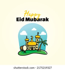 Cute eid mubarak con ilustración de arte de la mezquita