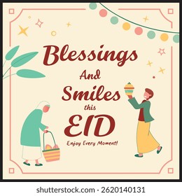 Cute Eid Mubarak Vector with Happy Muslim Family and Decorations

