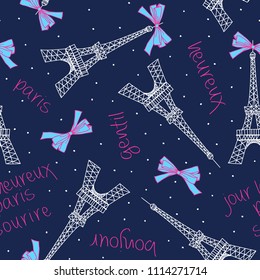 Cute Eiffel Tower vector background.  Seamless textile illustration.
France language "Jour heureux paris sourire" = English translation "Happy Day Smiling Paris"