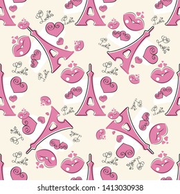 Cute Eiffel Tower Vector Background. Seamless Textile Illustration.
