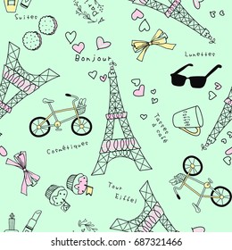Cute Eiffel Tower vector background.  Seamless textile illustration.