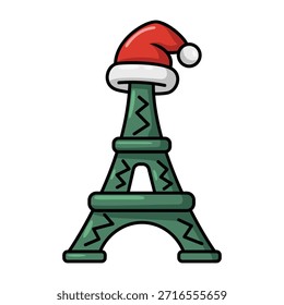 Ein süßer Eiffelturm mit einem Weihnachtsmütze. Die Zick-Zack-Details und festlichen Touch Mischung Pariser Charme mit Feiertagsjubeln, ideal für Weihnachten in Paris Themen oder internationalen Feiertagsmarkt.