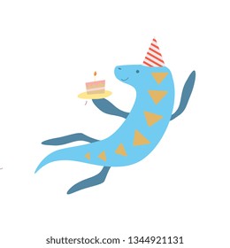 Cute Elasmosaurus Dinosaur in Party Hat, Funny Colorful Dino Character, Happy Birthday Party Design Element Vector Illustration