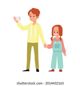 Cute elder brother and little sister holding hands and making selfie photo on mobile phone, flat cartoon vector illustration isolated white background