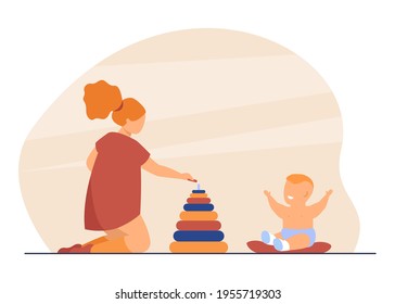 Cute elder sister playing with little baby. Toy, pyramid, relative flat vector illustration. Family and childhood concept for banner, website design or landing web page