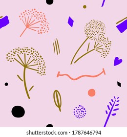 Cute elderberry dill flowers with organic shapes heart. Quirky seamless pattern vector. Fashionable natural design. Hipster hand drawn style. Pretty pink background gold purple  decor. Gift paper card