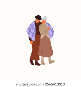 Cute elderly couple cuddles during walk. Old man and woman love each other, stroll together. Happy family, seniors in romantic relationship. Flat isolated vector illustration on white background