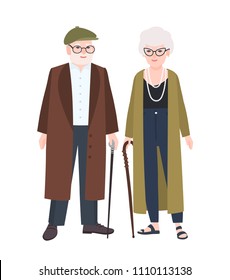 Cute elderly couple or grandparents. Pair of old man and woman with canes dressed in elegant outerwear walking together. Flat male and female cartoon characters. Colorful vector illustration