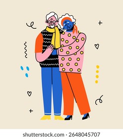 Casal de idosos bonito. Alunos felizes juntos. Velhos homens e mulheres, cônjuges. Ilustração de desenho animado de doodle vetorial em estilo plano
