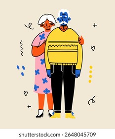 Casal de idosos bonito. Alunos felizes juntos. Velhos homens e mulheres, cônjuges. Ilustração de desenho animado de doodle vetorial em estilo plano