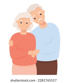 Cute elderly couple in love. Old, aged man hugging an old woman. Vector illustration of happy longevity and love. Holiday concept happy family grandpa and grandma for cards, valentines, design