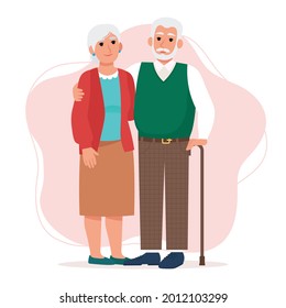 Cute Elderly couple, old man and woman. Happy retirees, grandparents. Vector illustration in flat style