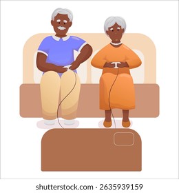 Cute elderly couple playing video games together. Happy seniors spending time together actively