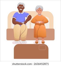 Cute elderly couple playing video games together. Happy seniors spending time together actively