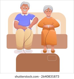 Cute elderly couple playing video games together. Happy seniors spending time together actively