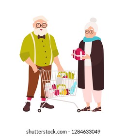 Cute elderly couple with shopping cart full of food products and gift box. Grandfather and grandmother with purchases. Cartoon characters isolated on white background. Flat vector illustration.