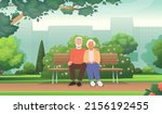 Cute elderly couple is sitting on a bench in a city park. Seniors rest outdoors. Concept of long and happy love and marriage. Vector illustration in a flat style.