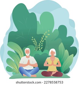 Cute elderly couple is sitting on the grass doing a meditation session. Seniors rest outdoors. Concept of long and happy love and marriage.  happy senior couple in summer at the park. Vector illustrat