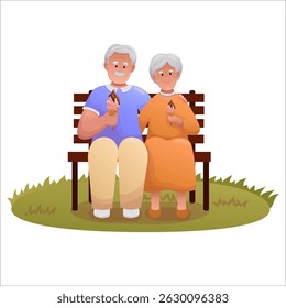 Cute elderly couple sitting on a park bench and eating ice cream. Happy seniors spending time outdoors together