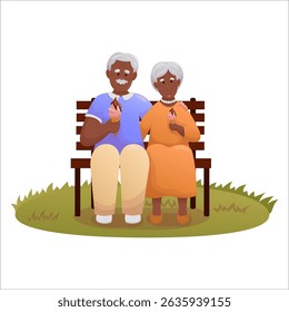 Linda pareja de ancianos sentados en un banco del parque y comiendo helado. Personas mayores felices que pasan tiempo al aire libre juntos