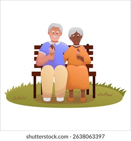 Cute elderly couple sitting on a park bench and eating ice cream. Happy seniors spending time outdoors together