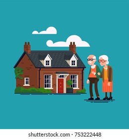 Cute elderly couple standing in front of their small brick cottage. Happy grandparents home vector flat illustration