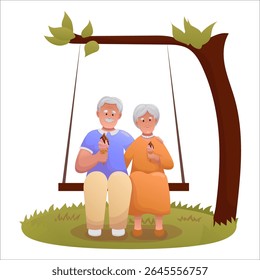 Cute elderly couple swinging on swing. Happy seniors spending time outdoors together