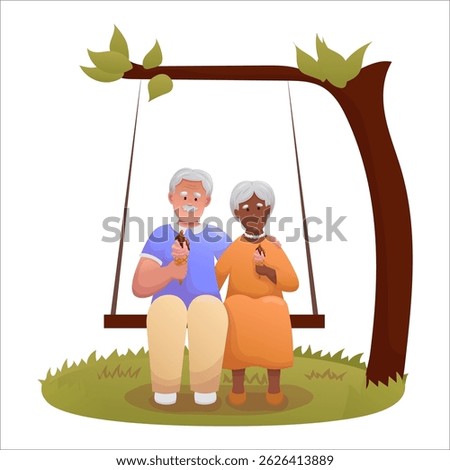 Cute elderly couple swinging on swing. Happy seniors spending time outdoors together