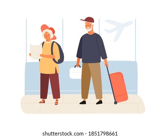 Cute elderly couple of tourists in the airport. Old man holding suitcase and woman reading map. Family going on vacation together. Flat vector cartoon illustration isolated on white background