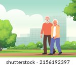 Cute elderly couple is walking in a city park. Happy seniors actively spend time outdoors. Vector illustration in flat style