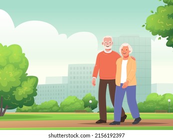 Cute elderly couple is walking in a city park. Happy seniors actively spend time outdoors. Vector illustration in flat style