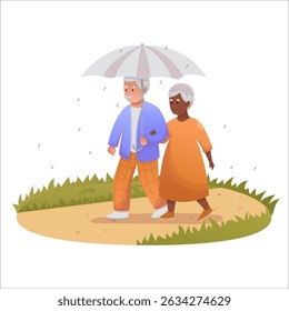 Cute elderly couple walking with dog in park. Happy seniors spending time outdoors together