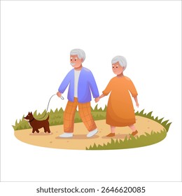 Cute elderly couple walking with dog in park. Happy seniors spending time outdoors together