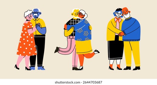 Idosos bonitos. Alunos felizes juntos. Velhos homens e mulheres, cônjuges. Ilustração de desenho animado de doodle vetorial em estilo plano