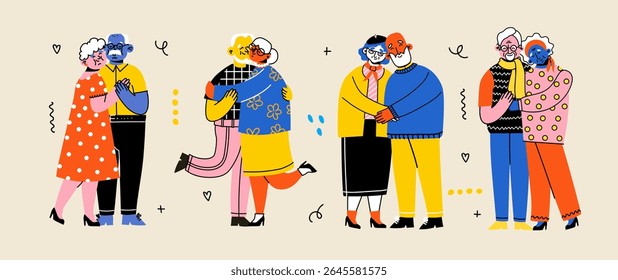 Idosos bonitos. Alunos felizes juntos. Velhos homens e mulheres, cônjuges. Ilustração de desenho animado de doodle vetorial em estilo plano
