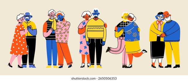 Cute elderly couples. Happy seniors together. Old men and women, spouses. Vector doodle cartoon illustration in flat style