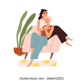 Cute elderly homosexual couple spending time at home together. Cozy scene with lgbt family hugging isolated on white. Romantic relationships and leisure. Vector illustration in flat cartoon style