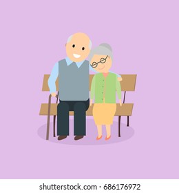 Cute elderly hugging couple sitting on the bench. Flat style design. Vector illustration.