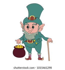 cute elderly leprechaun in a big cylinder and with a cane guards a pot of gold vector illustration with a contour in a cartoon style