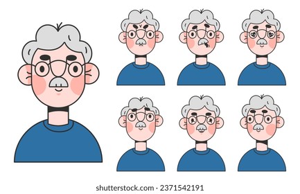 Cute elderly man cartoon character for animation emotions. Grey haired man face construction. Avatar with different expressions. Cartoon male