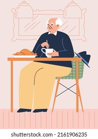 Cute Elderly Man Drinking Coffee Or Tea And Eating Croissant, Cafe Interior - Flat Vector Illustration. Cartoon Character Of Old Man Sitting And Relaxing In Coffee House.