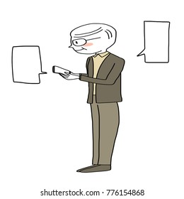 Cute elderly man with eyeglasses holding smartphone, typing text and sending his message to someone. Blank word balloons included. Man holding phone. Vector illustration with hand-drawn style.