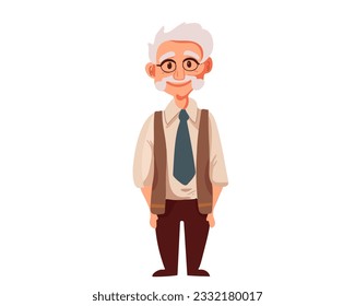 Cute elderly man or grandfather with a mustache. Vector illustration in flat style