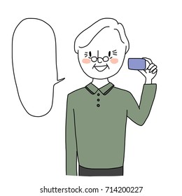 Cute elderly man smiling and holding a blank business card and saying something. Word balloon included. Vector illustration with hand-drawn style.