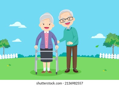 cute elderly man taking care elderly woman physical therapy in the park