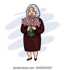 Cute elderly plump woman, grandmother with flowers. Postcard for International Women's Day