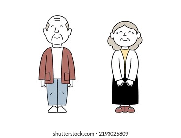 Cute elderly senior people standing. Hand drawn line art style vector illustration.