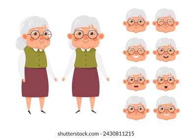 Cute elderly woman character, set of facial expressions. Granny emoji with different expressions. Vector illustration in cartoon style