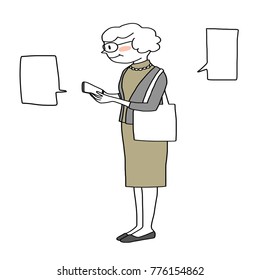 Cute elderly woman with eyeglasses holding smartphone, typing text and sending her message to someone. Blank word balloons included. Woman holding phone. Vector illustration with hand-drawn style.